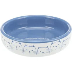 Keramiknapf Katze, flach, 0,3 l / 13 cm, weiß/blau